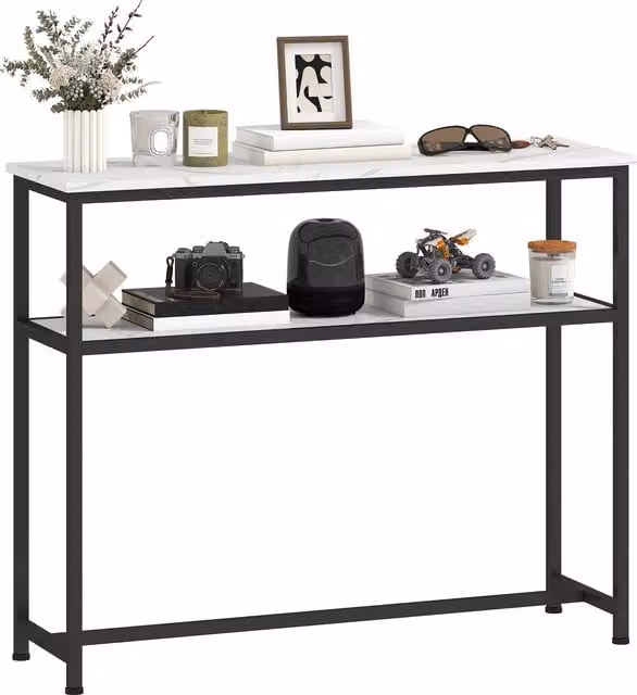 Console da ingresso stretta HOMCOM con superficie effetto marmo e struttura in metallo, L 100 x P 30 x H 81 cm, Bianco – 1