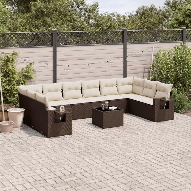 vidaXL Set Divani da Giardino 11 pz a Forma a L con Cuscini Marroni e Bianchi in Polyrattan e Metallo