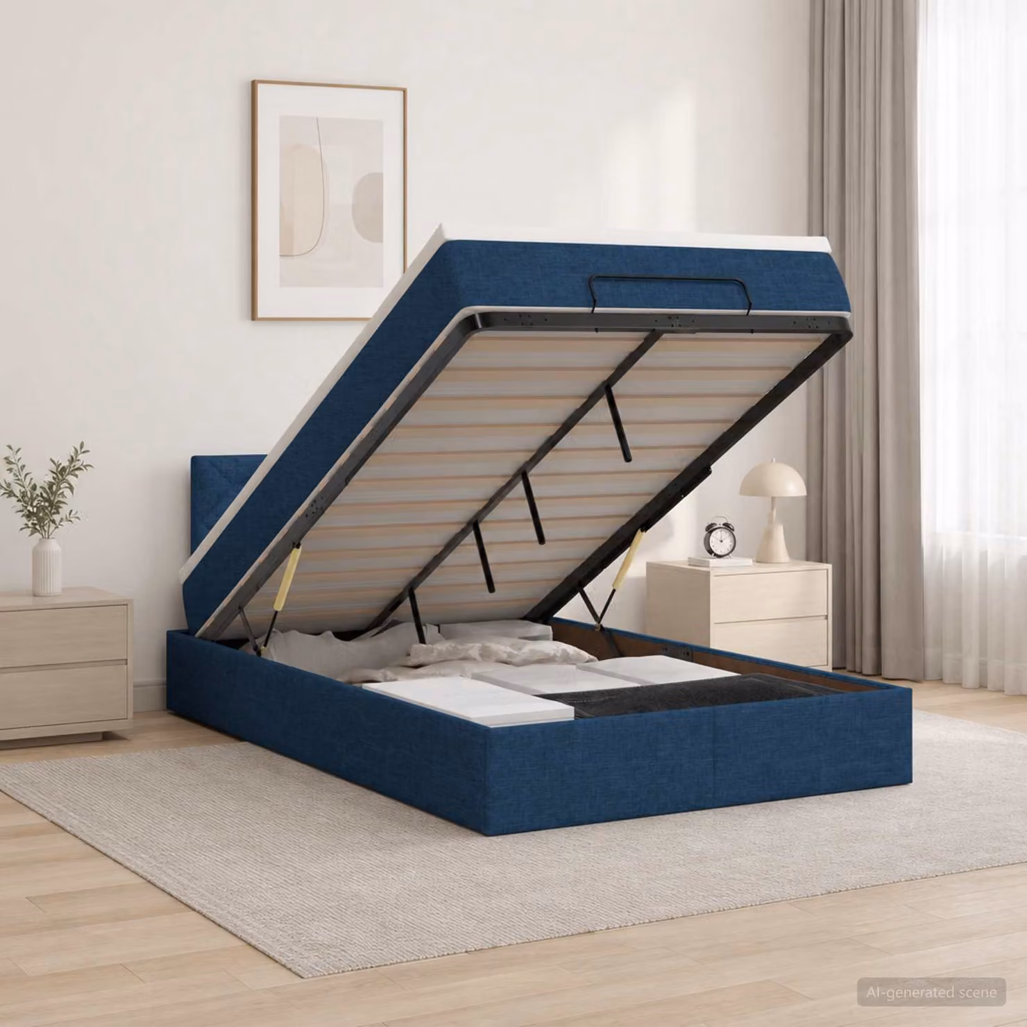 Letto ottomano con materasso vidaXL in tessuto blu e bianco, base a sollevamento, L/P/H: 120 x 200 x 140 cm