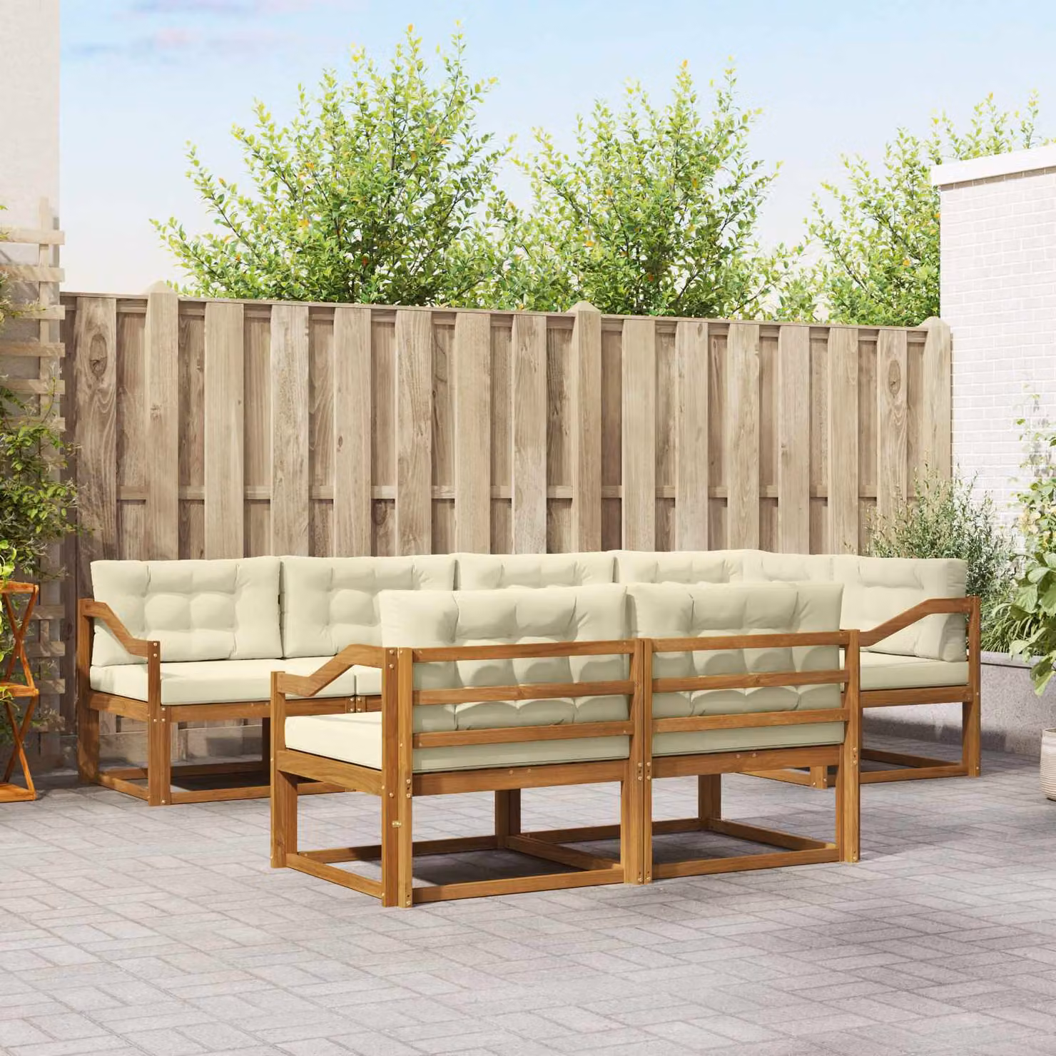 Set di divani da esterno vidaXL a forma di U composto da 8 pezzi in legno di acacia con cuscini in tessuto beige e marrone