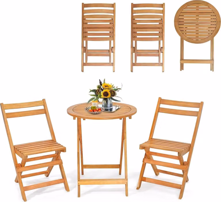 KOMFOTTEU Set da bistrot pieghevole da 3 pezzi, set da giardino composto da 1 tavolo da bistrot e 2 sedie da giardino, set da giardino in legno di acacia, set da balcone
