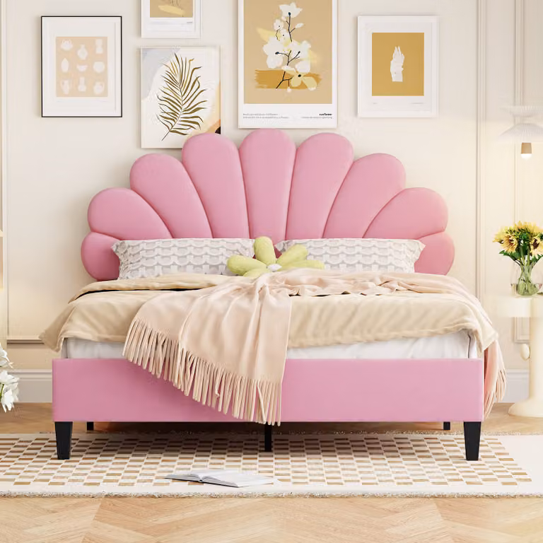 STILVORA Letto imbottito 140x200 Letto per bambini in velluto, struttura con testiera a forma di fiore, letto per ragazzi con rete a doghe, senza materasso, rosa