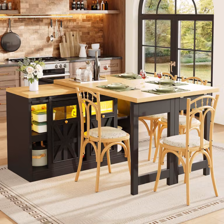 Tavolo da pranzo multifunzionale Flieks con combinazione di pensile laterale, sistema di illuminazione a colori intelligente con rotazione a 360°, tavolo da cucina, bancone, dimensioni 120-197x40x72 cm, colore nero