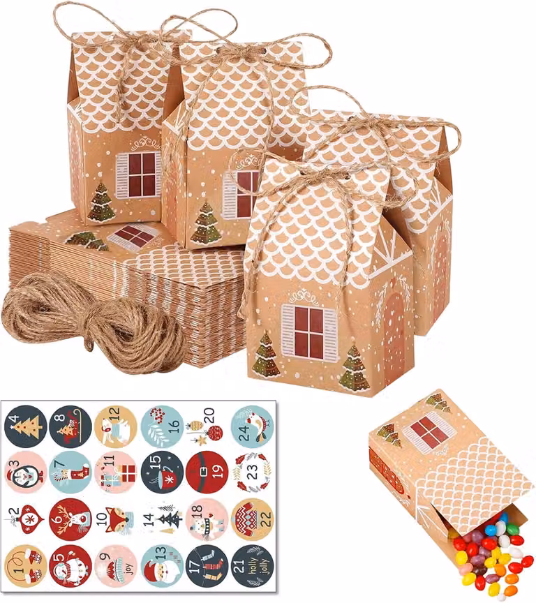 Calendario dell'Avvento natalizio, set da 24 pezzi - Casette regalo in carta, dimensioni 10,5x7x5 cm, con cordino e foglio di adesivi