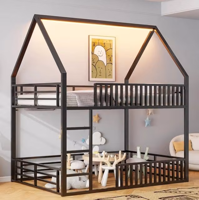 Letto a castello a forma di casa 140x200 cm in metallo nero con luce LED