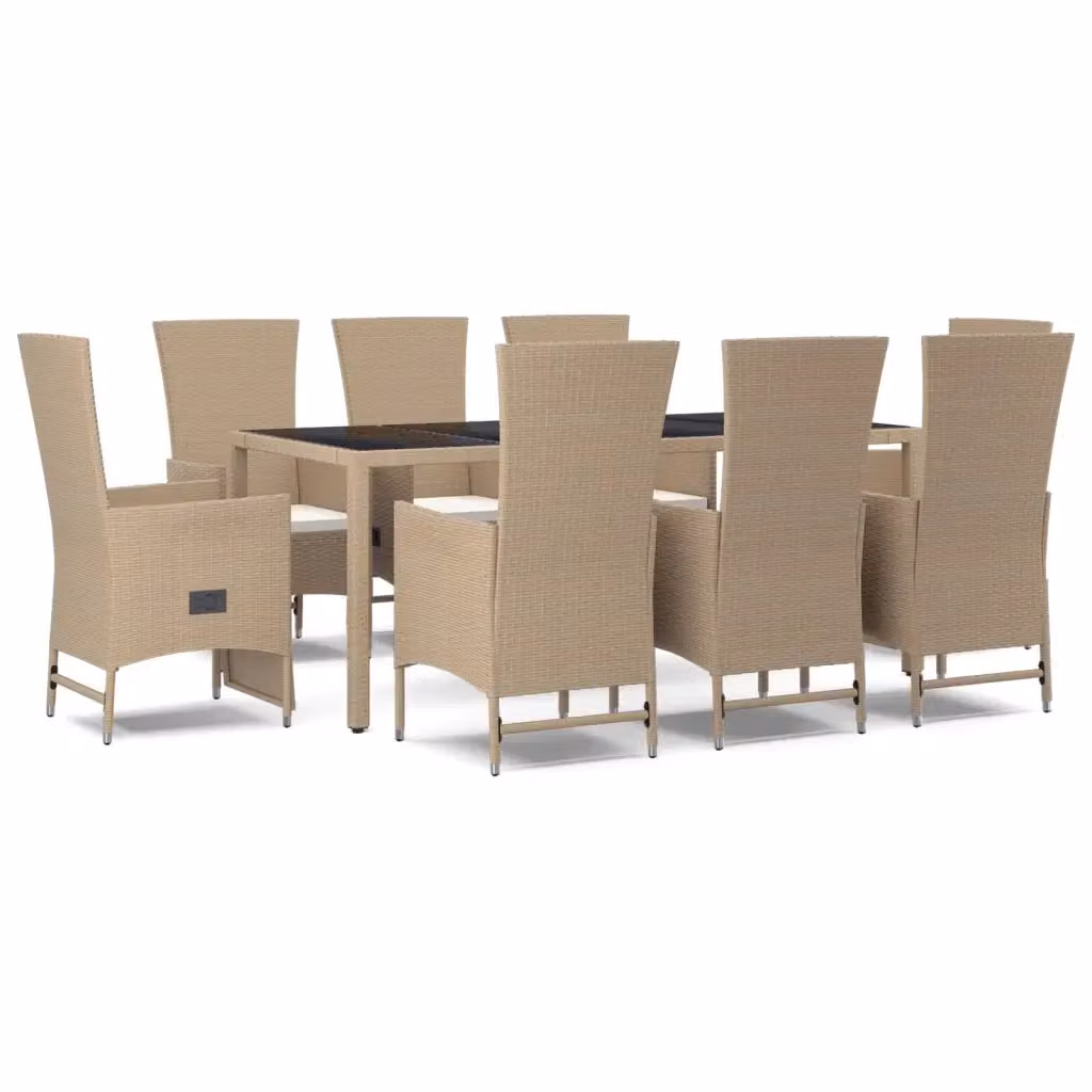 Set da pranzo da giardino vidaXL in legno di acacia e polyrattan con tavolo in vetro e 9 pezzi con cuscini beige e bianchi – 2