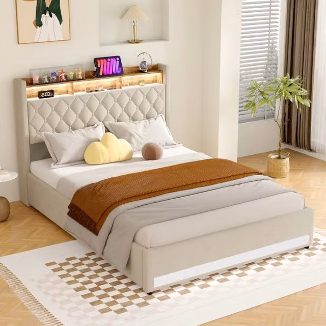Letto Imbottito 160x200 cm in Velluto con LED RGB, Contenitore Idraulico, USB, Presa di Corrente e Ripiano