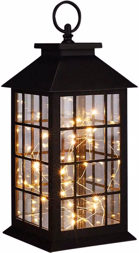 Lanterna LED Unyqoos® – lampada decorativa nera con luce bianco caldo, catena luminosa in rame con 30 LED, alimentata a batteria (3 batterie AAA), da appendere o da posizionare, ideale per l'illuminazione di interni e tavoli