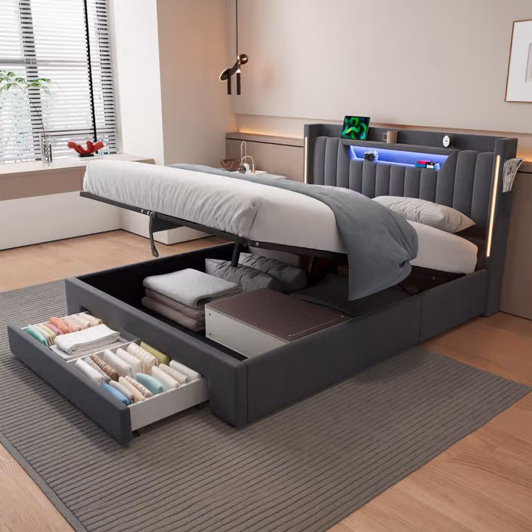 Letto a castello MODFU per giovani, 140 x 200 cm, rivestito in velluto, con cassetto contenitore, letto matrimoniale con ampio spazio di stoccaggio, illuminazione LED e ripiano imbottito, letto moderno con spazio contenitore, senza materasso, colore grigi