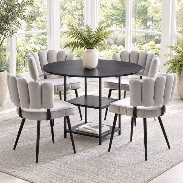 Set da pranzo con tavolo tondo 107 cm con doppio ripiano e 4 sedie grigio chiaro con schienale a fiore in tessuto, stile industriale