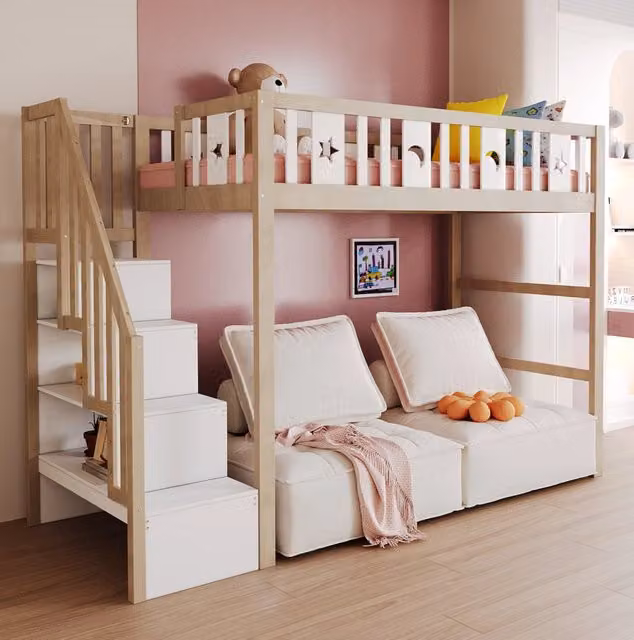 Letto a soppalco per bambini in legno massello con scala a ripiani e ringhiera; 90x200 cm; bianco e legno