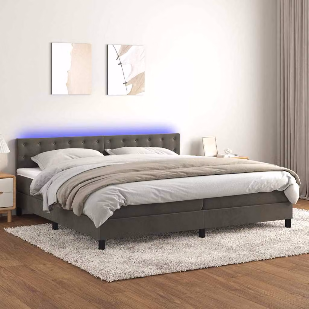 vidaXL Letto Ibrido con Materasso, Illuminazione LED Sotto il Letto e Porte USB, Rivestimento in Velluto Grigio, L/P: 200 x 200 cm, H: 203 cm – 1