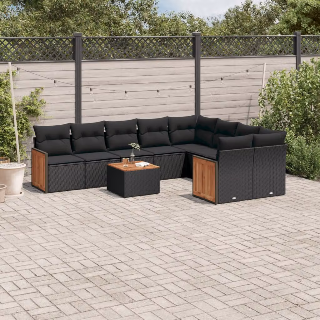 vidaXL Set Divani da Giardino a L in Polyrattan Nero con Cuscini e Tavolino da Esterno – 1