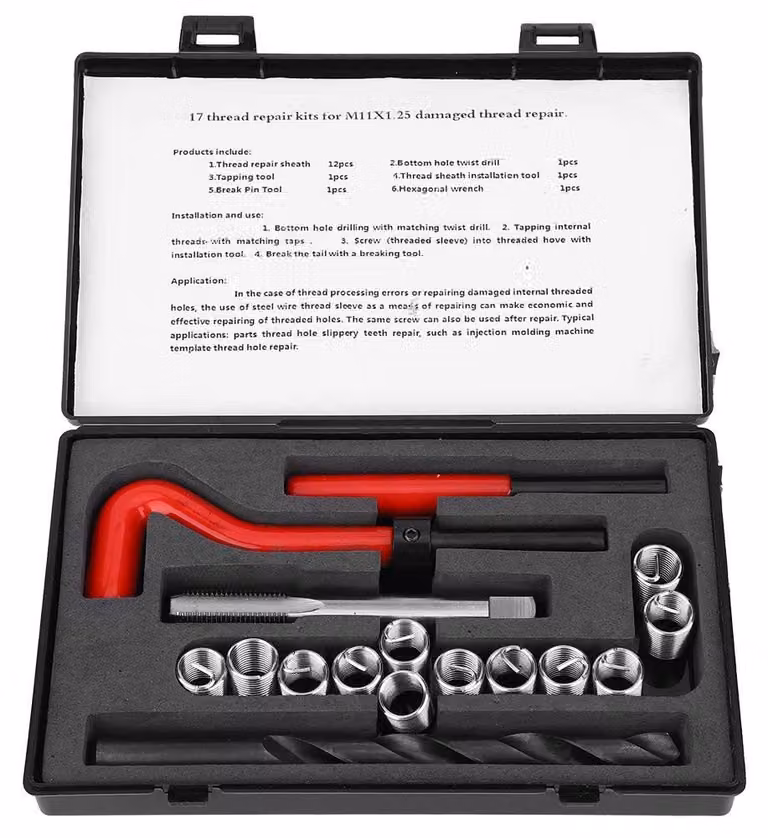 Kit di riparazione filetti, 17 pezzi - M11 x 1,25 - Acciaio inossidabile - Trapano elicoidale - Maschio filettatore - Inserti per riparazione filetti - Set di filettature