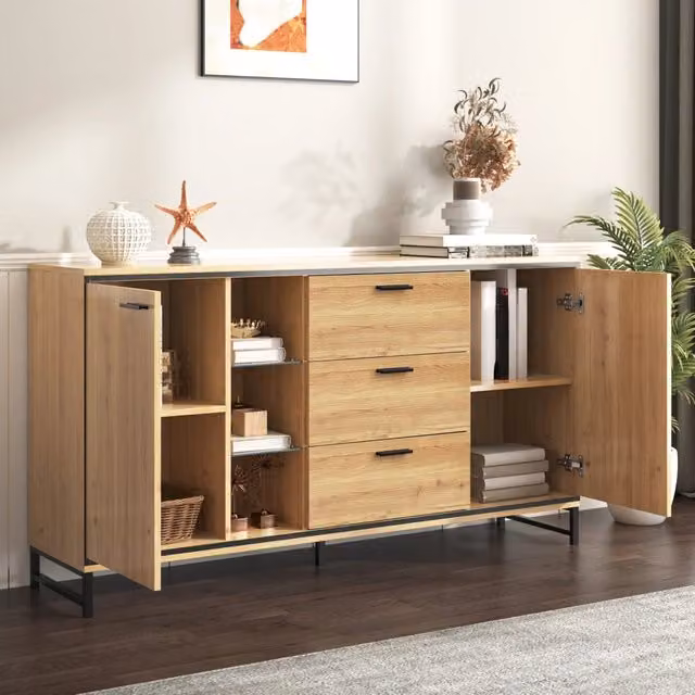 Madia Mivray con ripiani regolabili, divisori in vetro e illuminazione LED a 16 colori, colore naturale e nero, L 160 x P 40 x H 85 cm