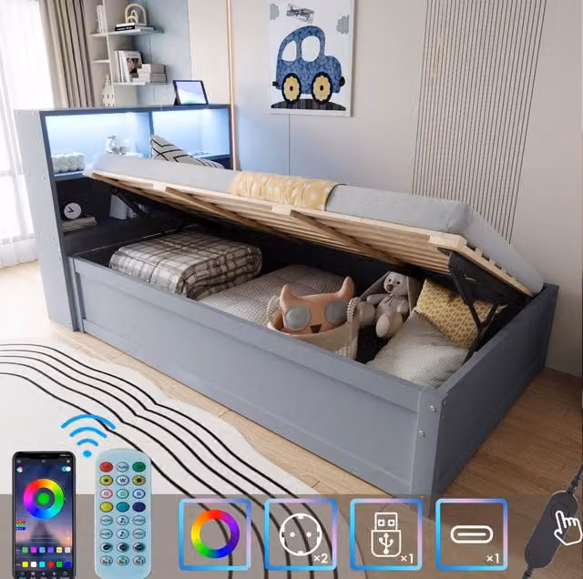 Letto singolo multifunzione 90x200 cm grigio con LED, prese e 4 vani