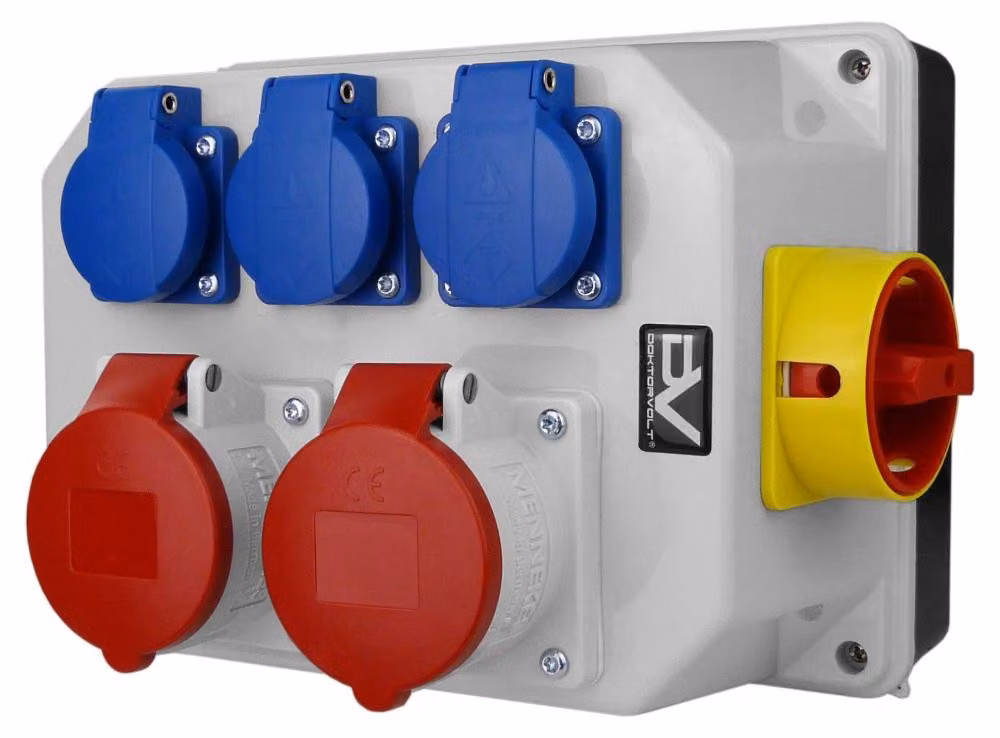 Quadro elettrico con interruttore automatico da 32A, modello BAU, 2 prese da 16A e 3 prese da 230V, conprese Schuko e Mennekes, marca Doktorvolt®, modello 9771