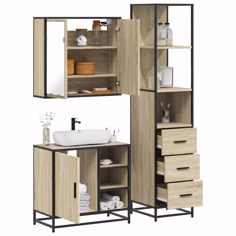 Set di mobili da bagno industrial vidaXL composto da 3 pezzi in legno e metallo, colore beige e marrone, con armadietto specchio a LED, mobile lavabo e colonna alta