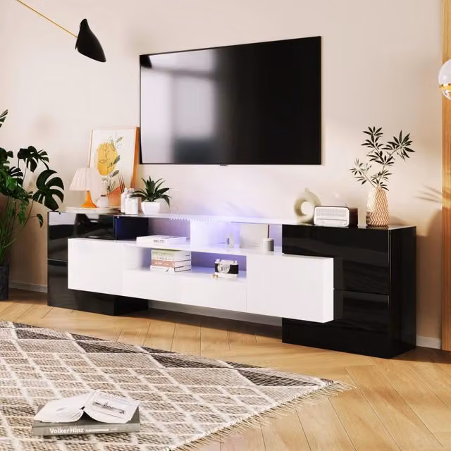 Mobile porta TV con LED multicolore 4 ante 2 cassetti e 3 vani in truciolare e MDF nero e bianco 200 × 35 × 60 cm