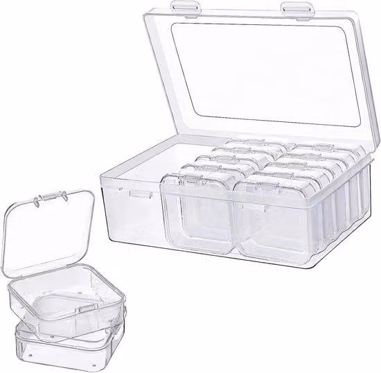 Set di contenitori trasparenti per piccoli oggetti - 15 contenitori in plastica trasparente - Scatole portaoggetti per gioielli, medicinali, piccoli oggetti e accessori - 54 x 54 x 20 mm - Trasparenti - Set da 15 pezzi