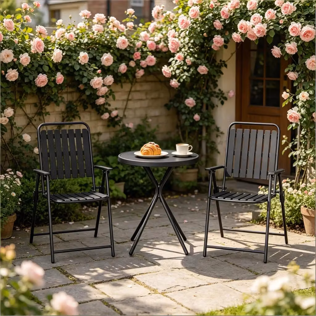Set da giardino WISHDOR composto da tavolo rotondo in vetro e 2 sedie pieghevoli in metallo nero e plastica per balcone e terrazzo – 2