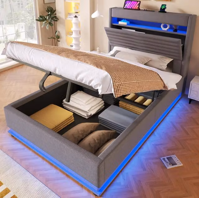 Letto imbottito ULEVR 90x200 cm con contenitore idraulico, LED, USB e Type-C, rivestimento in lino grigio
