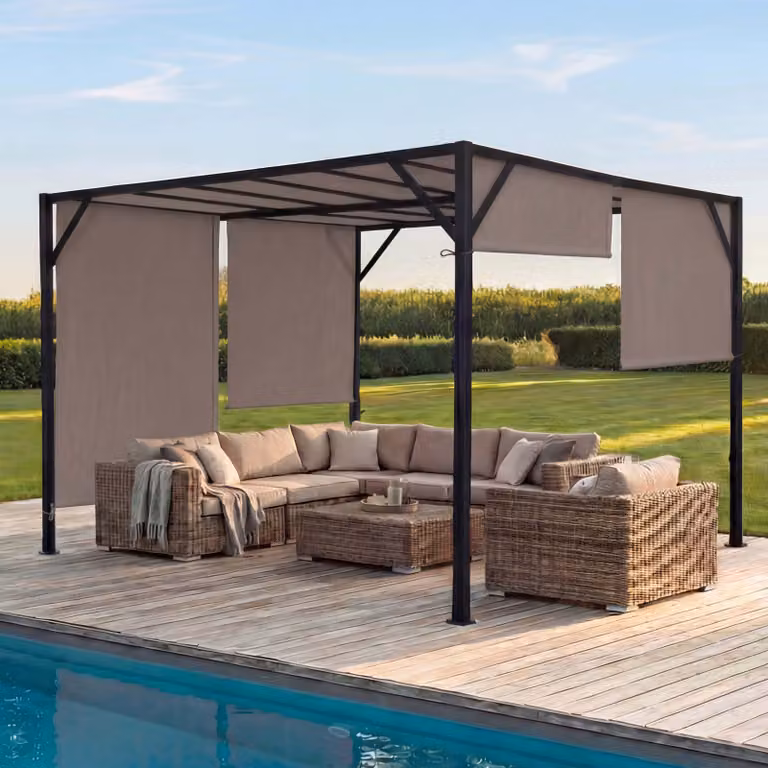Pergola Beja, gazebo da giardino con copertura per terrazza, robusto telaio in acciaio da 6 cm + tetto scorrevole color tortora ~ 4x4 m