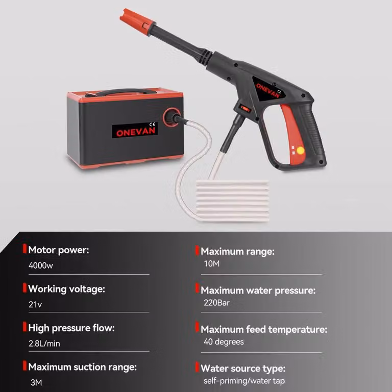Idropulitrice - Pistola ad alta pressione senza fili - 220 bar - 4000 W - Senza batteria - Compatibile con interfaccia batteria da 18 V - Pulizia auto e giardino - Arancione
