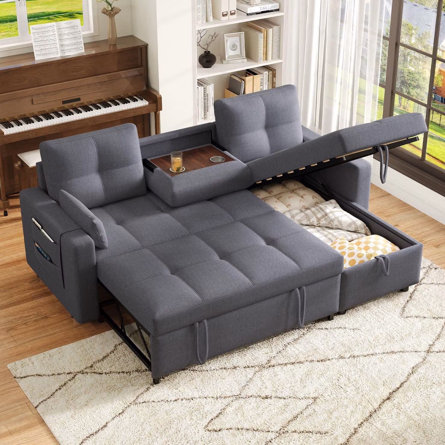Divano angolare Merax, divano letto a L con funzione letto, box letto, cuscini, tasche laterali, portabicchieri estraibile, divano letto in lino, grigio