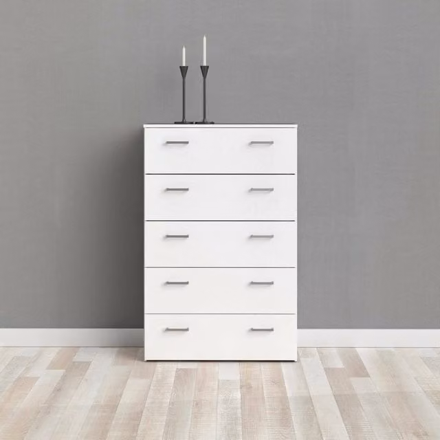 Cassettiera DMORA a cinque cassetti con maniglie, colore bianco e grigio, stile moderno, L: 74 cm, H: 114 cm, P: 36 cm