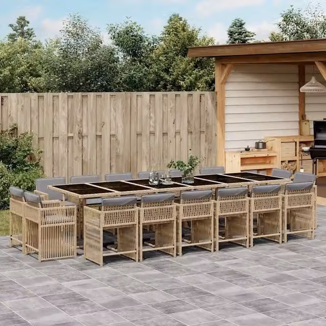 Set da pranzo da giardino vidaXL in polyrattan con tavolo in vetro e cuscini beige e grigi