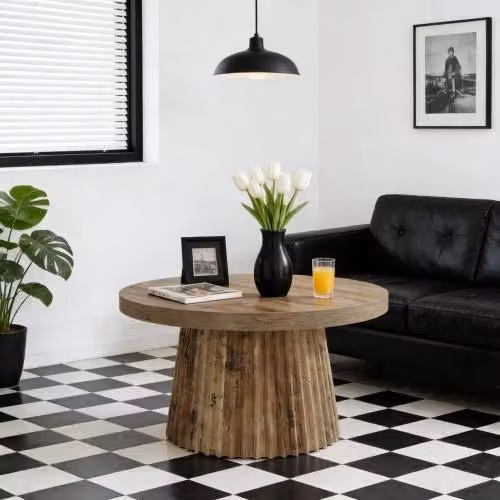 Tavolino da divano rotondo in MDF marrone con piano da 80 cm e base a colonna scanalata