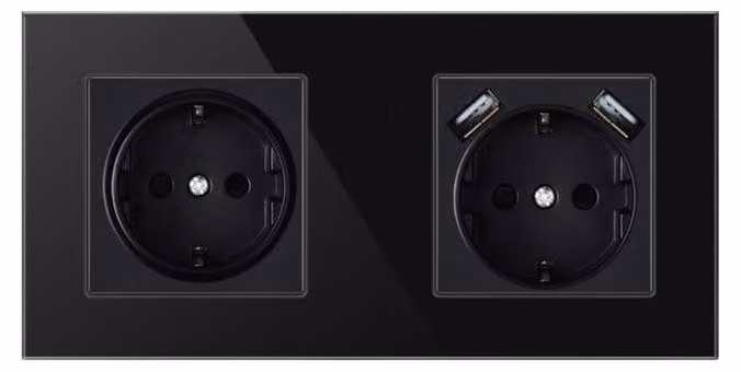 Presa Techstar® Crystal TSU2, Doppia, 2 x USB, 2.1 A, Colore Nero Onice, Vetro Temperato, 16A