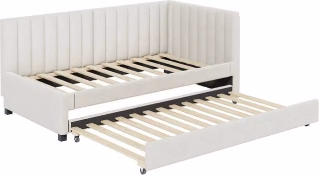 Letto imbottito 90x200 cm con divano letto estraibile, struttura in velluto beige con rete a doghe, ideale per camere giovani e ospiti