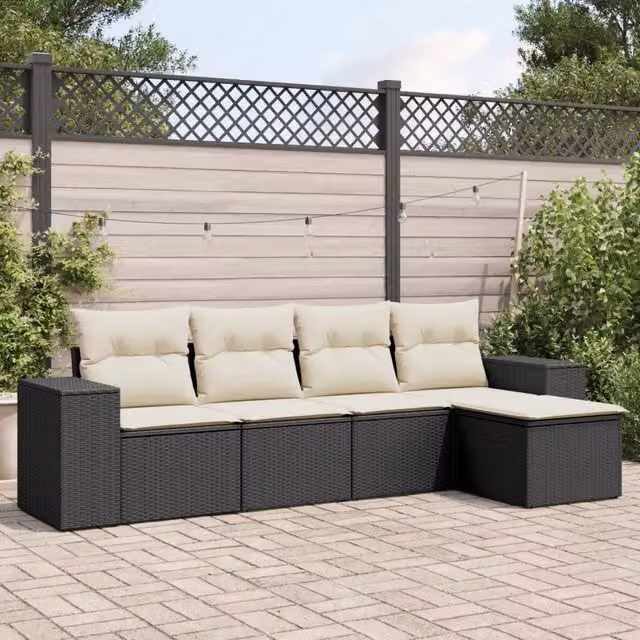 Set Divani da Giardino Moderno a Forma di L in Polyrattan Nero con Cuscini e Struttura in Metallo DESIGN IN – 1