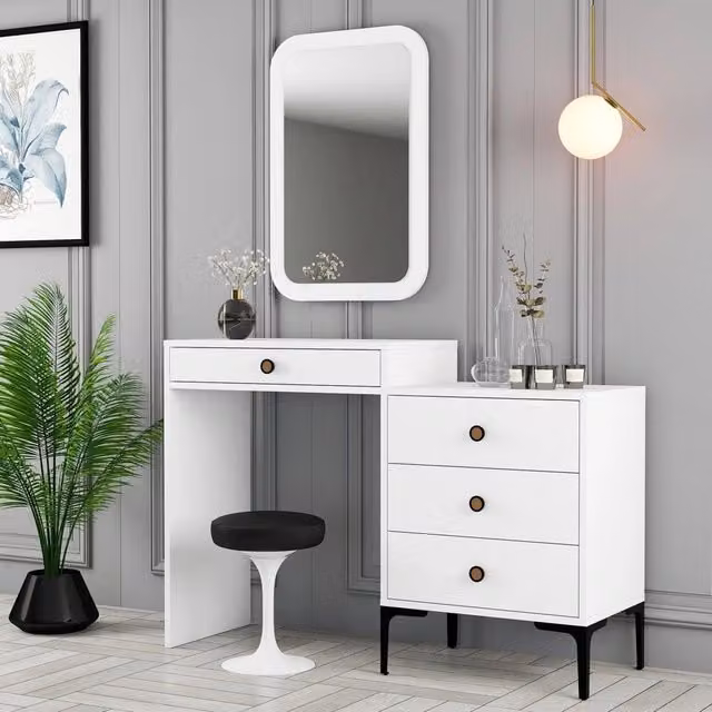 Toeletta con specchio Meltina DMORA, mobile da trucco moderno in bianco e marrone, L: 124 cm, P: 40 cm, H: 85 cm