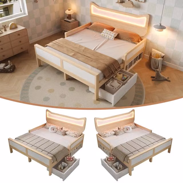 Letto 140x200 con LED RGB e Testiera a Forma di Gatto; Struttura in Legno Bianco e Rovere con Cassetti Reversibili
