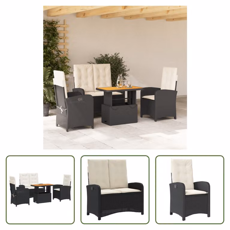 The Living Store Set da pranzo da giardino 4 pezzi con cuscini in poly rattan nero