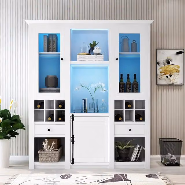Vetrina Bianca con Luci LED e Portabottiglie; Mobile Soggiorno 143 cm in MDF con Ante in Acrilico