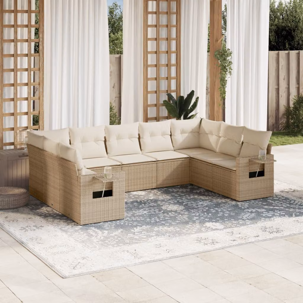 vidaXL Set Divano da Giardino a L 9 pz con Cuscini Beige e Tavolino, Polyrattan e Acciaio con Coperture Rimovibili – 1