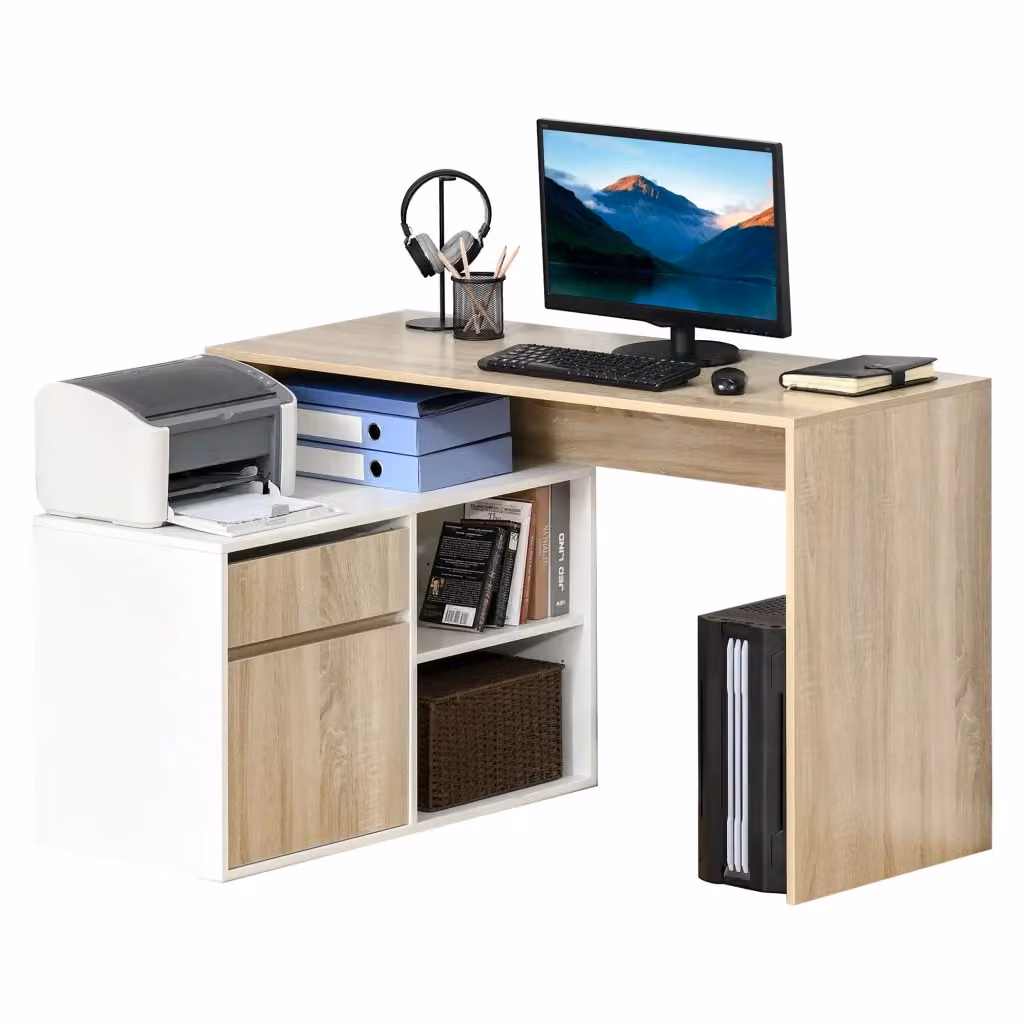 Scrivania Angolare Moderna in Legno per Ufficio o Camera, Rovere e Bianco – 2