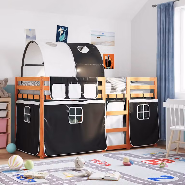 Letto a Castello vidaXL in Legno di Pino per Bambini, Bianco e Nero, 90x200 cm