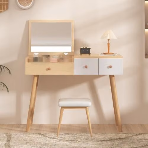Tavolino da toilette AIORBER, (senza sgabello), con specchio, spazio diviso con cassetti, grande capacità, per camera da letto, 100x40x78cm, natura