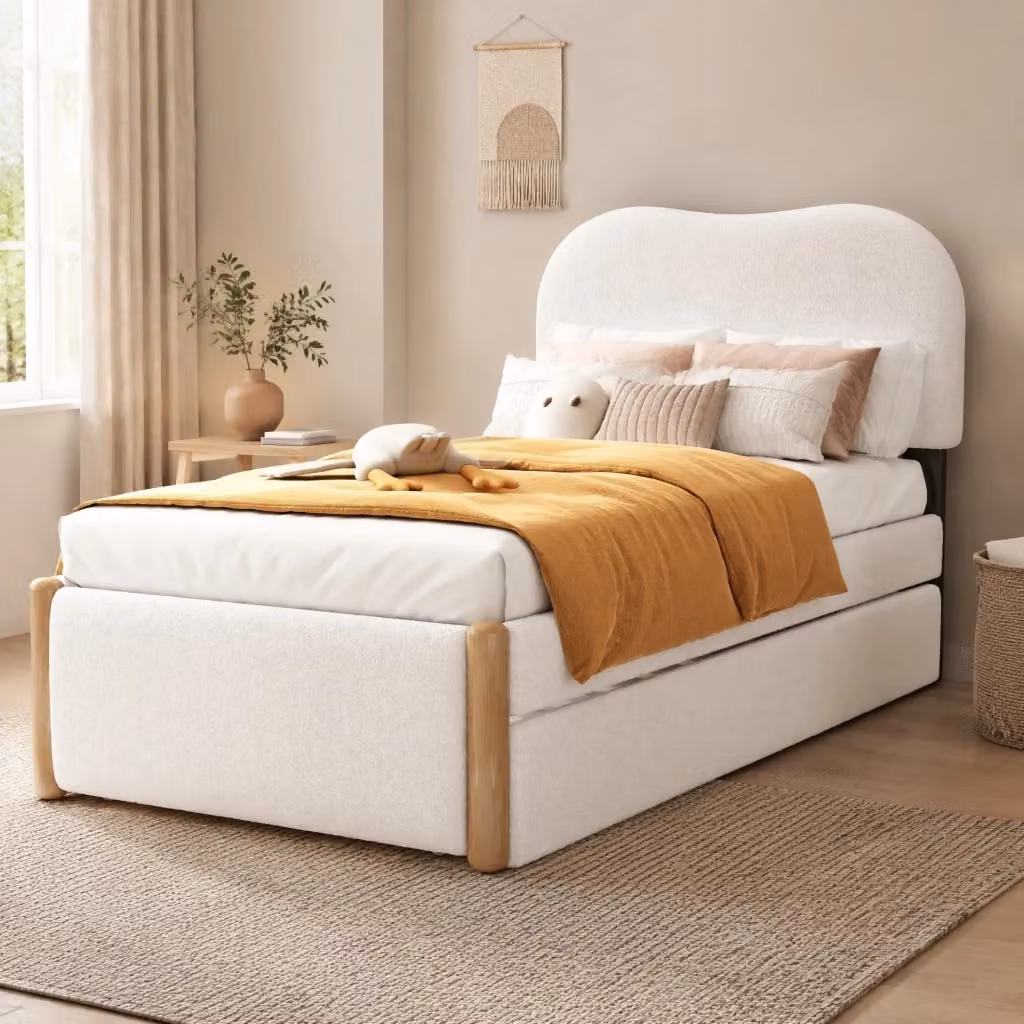Letto Mivray con letto estraibile laterale, rivestimento in tessuto plush e MDF bianco, dimensioni 90 x 200 cm – 2