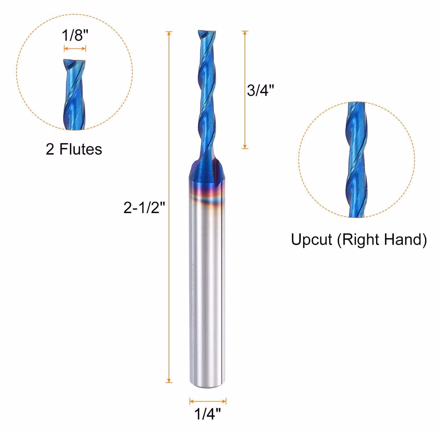 Frese a spirale, 1/8 di pollice, in acciaio al tungsteno, 2 taglienti, con rivestimento nano-ceramico blu