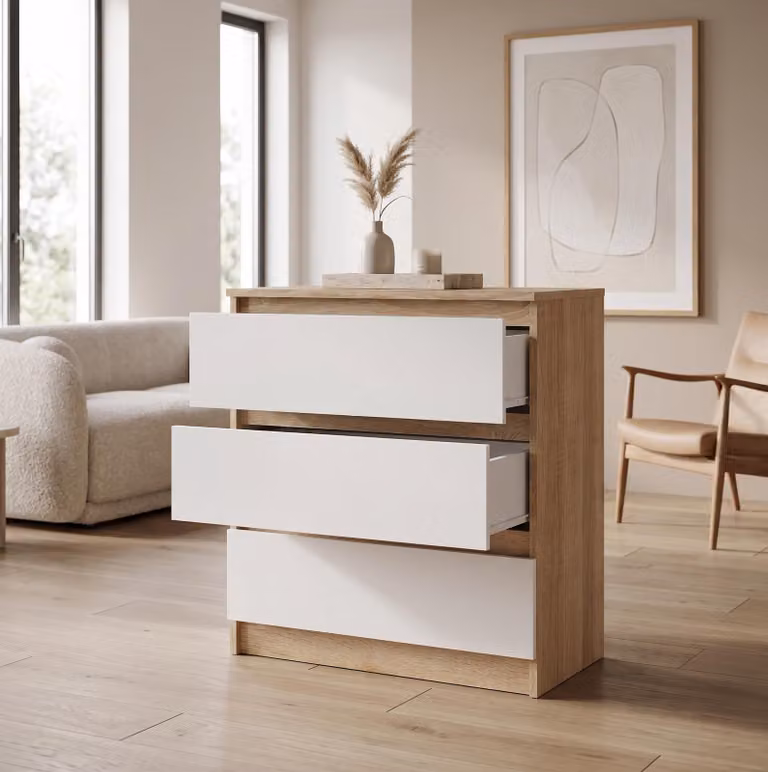 Comodà moderna con 3 cassetti | Comodà bianca | Comodà a cassetti 70x74,5x40 cm | Per camera da letto, soggiorno e ingresso, Sonoma / Bianco