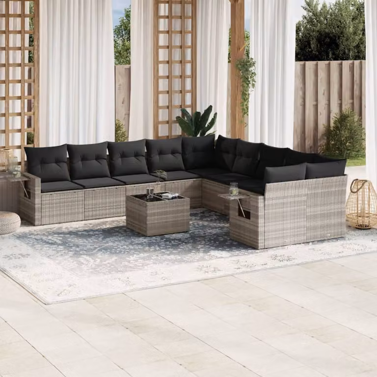 vidaXL Set Divani da Giardino 11 pz in Polyrattan Grigio con Cuscini e Tavolino da Esterno