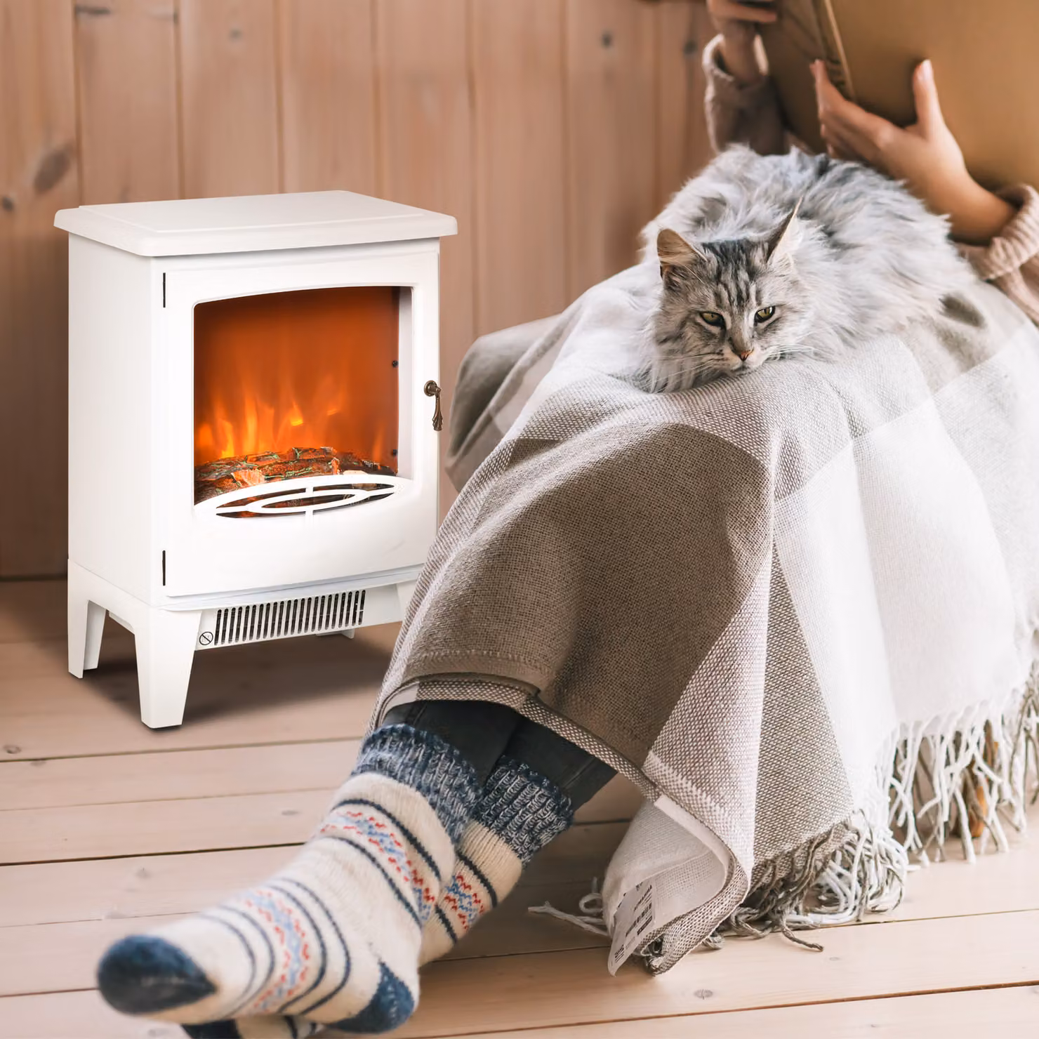 Camino Elettrico da Terra con Effetto Fiamma HOMCOM, Potenza Regolabile 900W-1800W, Bianco, L 39 cm x P 26 cm x H 54,8 cm – 2