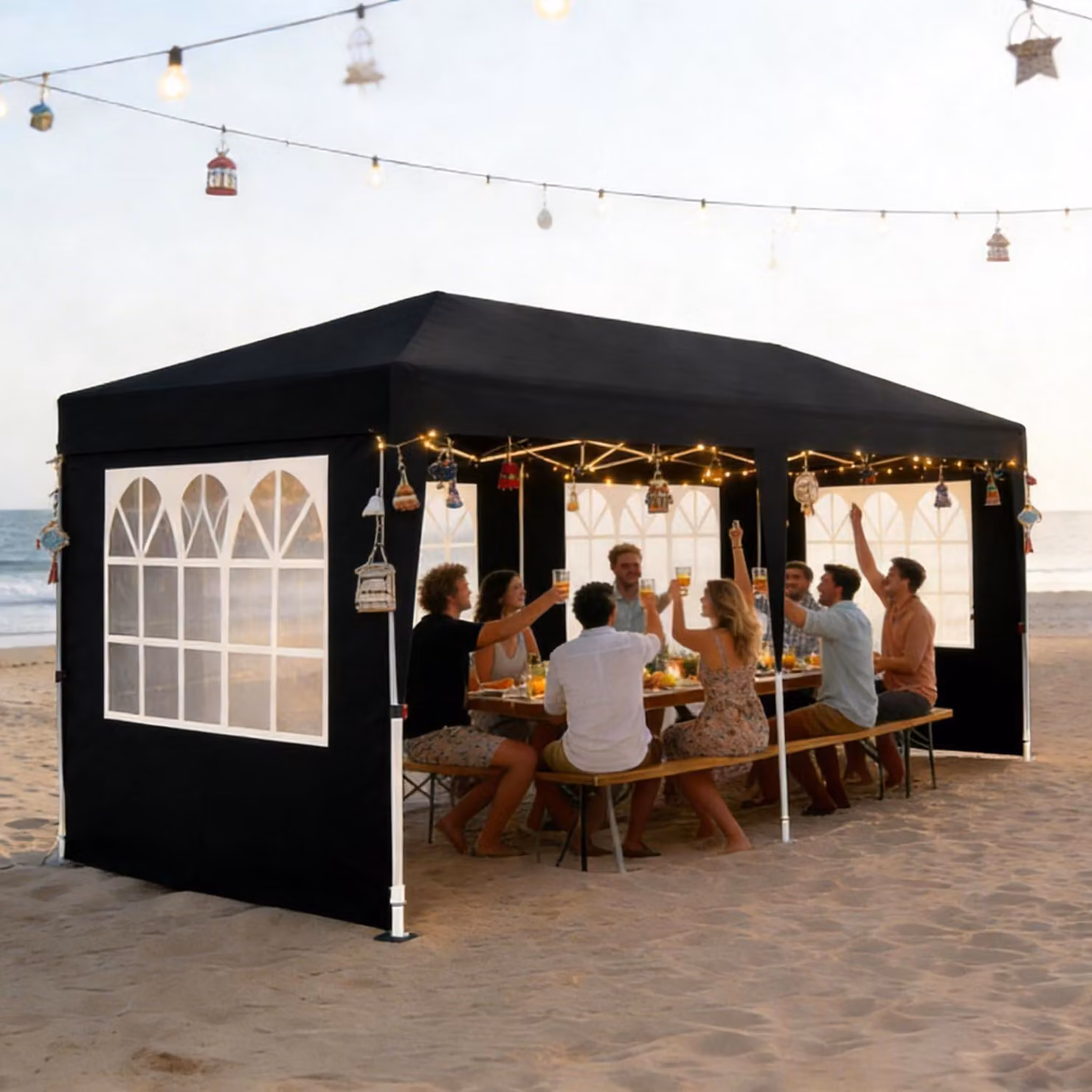 Gazebo da esterno 3x6 metri, impermeabile, con protezione UV, 6 pareti laterali, altezza regolabile, colore nero