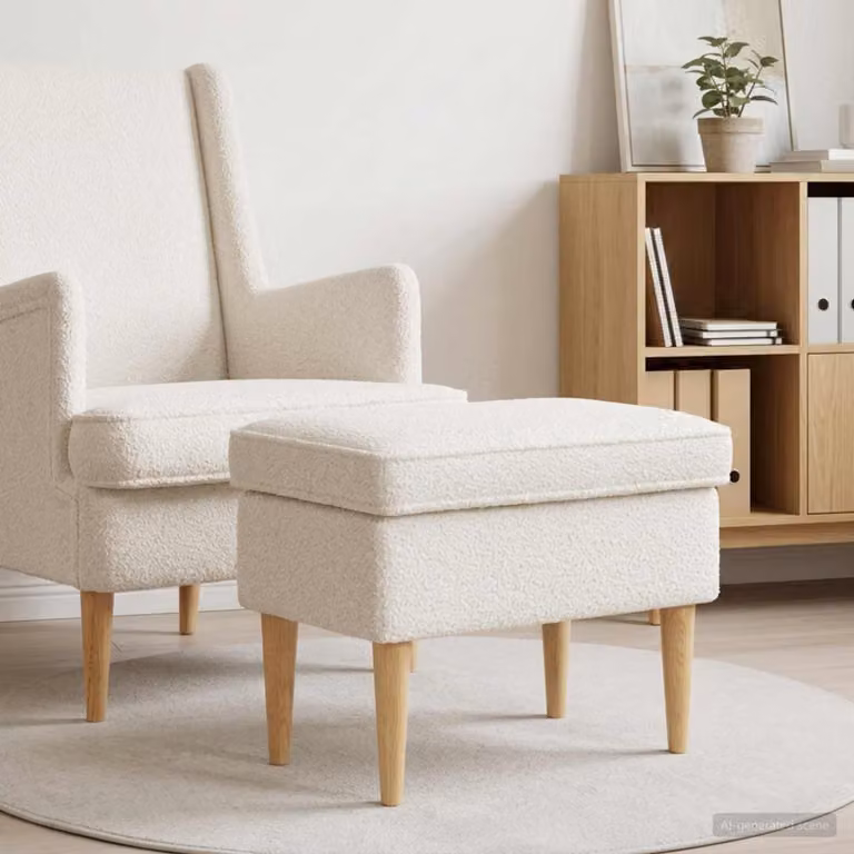 Poggiapiedi vidaXL in tessuto bouclé color beige con struttura in legno, L: 55 cm, P: 35 cm, H: 41 cm